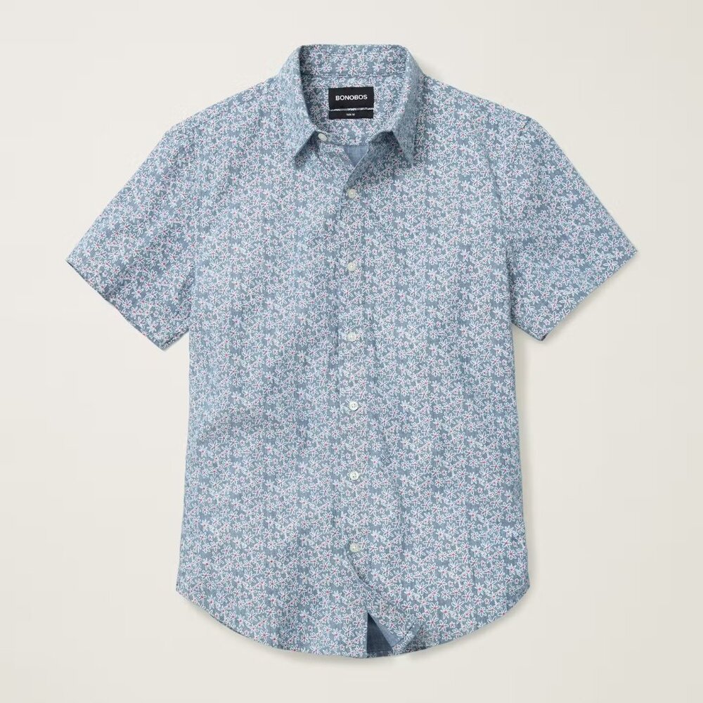 BONOBOS Chambray Flower Power Riviera Short Sleeve Shirt Large Standard Long